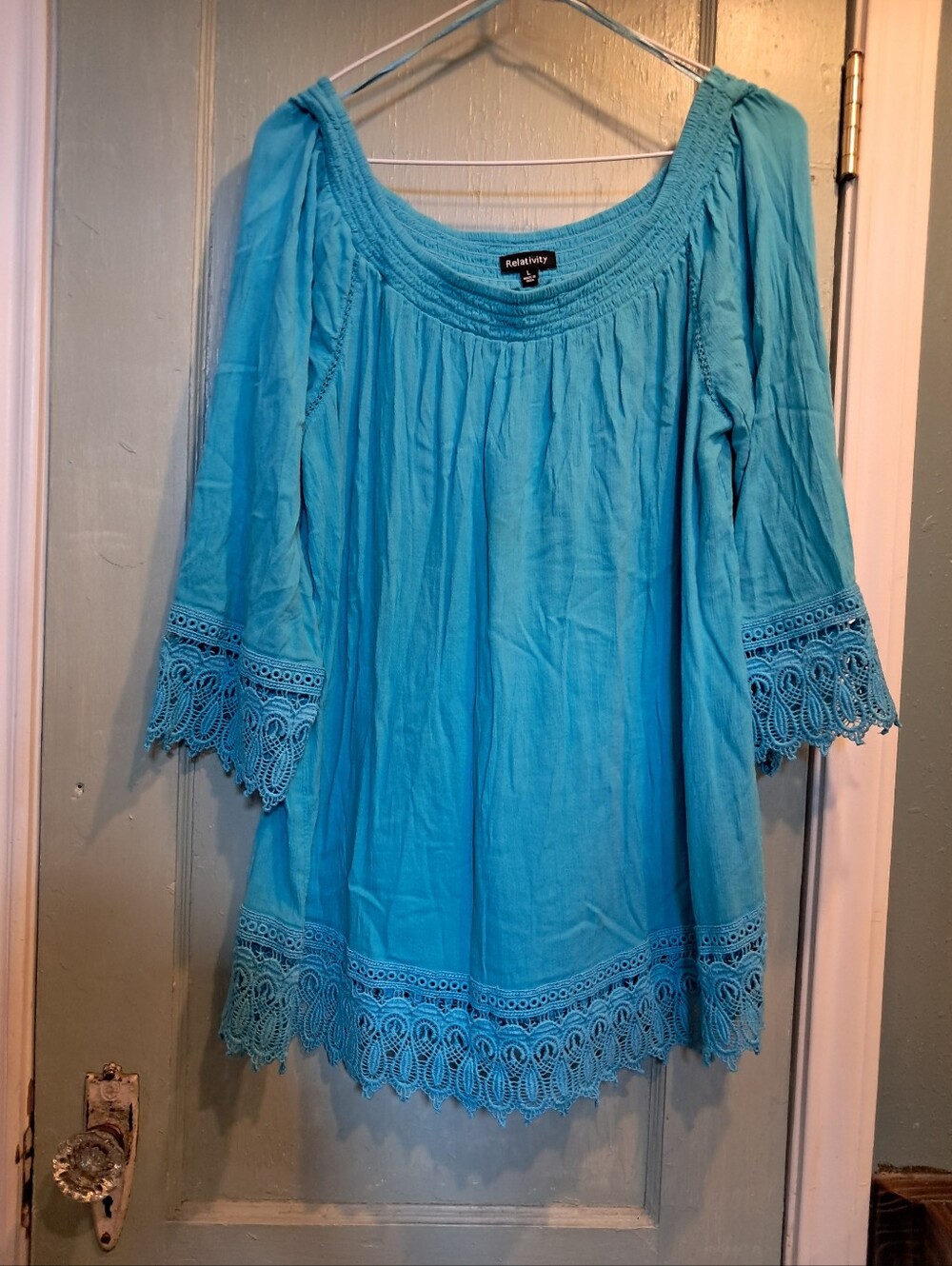 Relativity Turquoise Crochet-Trim Peasant Tunic